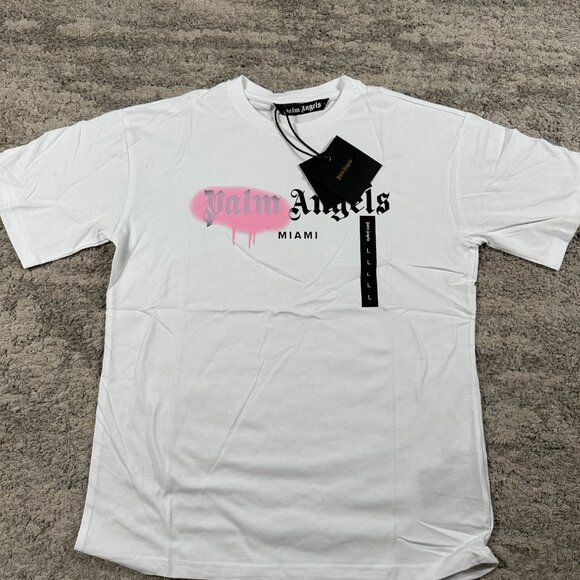 Palm Angels Pink Graffiti Miami White T-Shirt Size Large - Picture 1 of 4